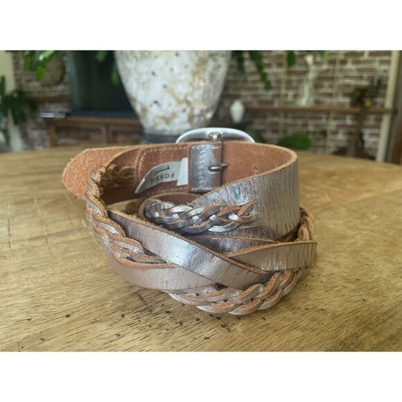Fossil Silver Metallic Braided Leather Belt Women’s M 42” Rustic Boho Style - Picture 2 of 6